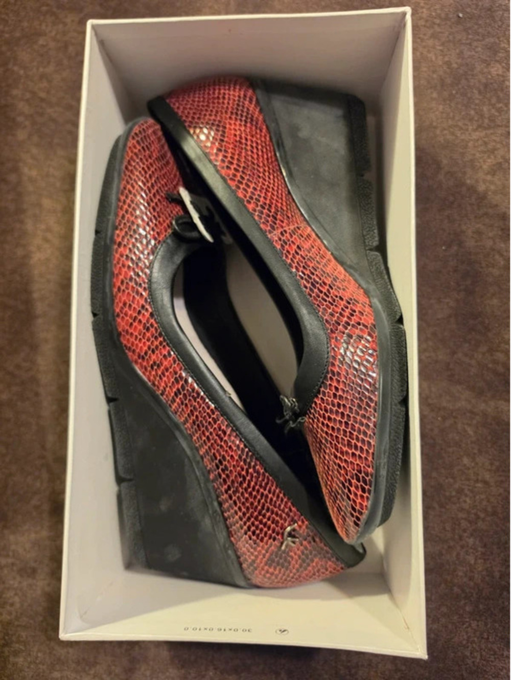 Liz Claiborne red and black snakeskin wedge heels